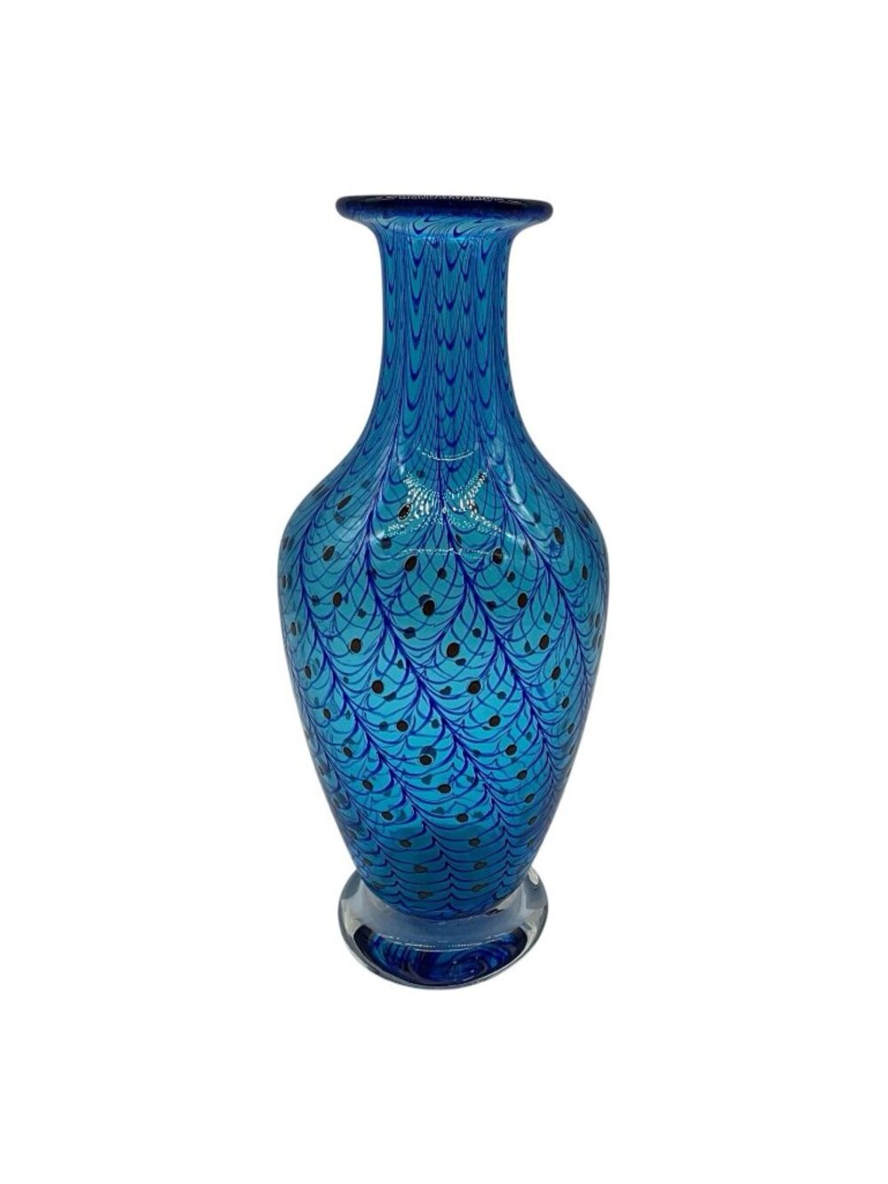 Hand Blown Blue 11 Inch Art Glass Vase with Pulled Feather or Peacock Pattern